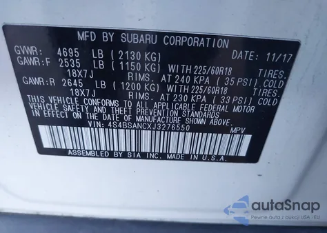 2018 Subaru Outback 2.5I Limited from USA, damaged, VIN 4S4BSANCXJ3276550